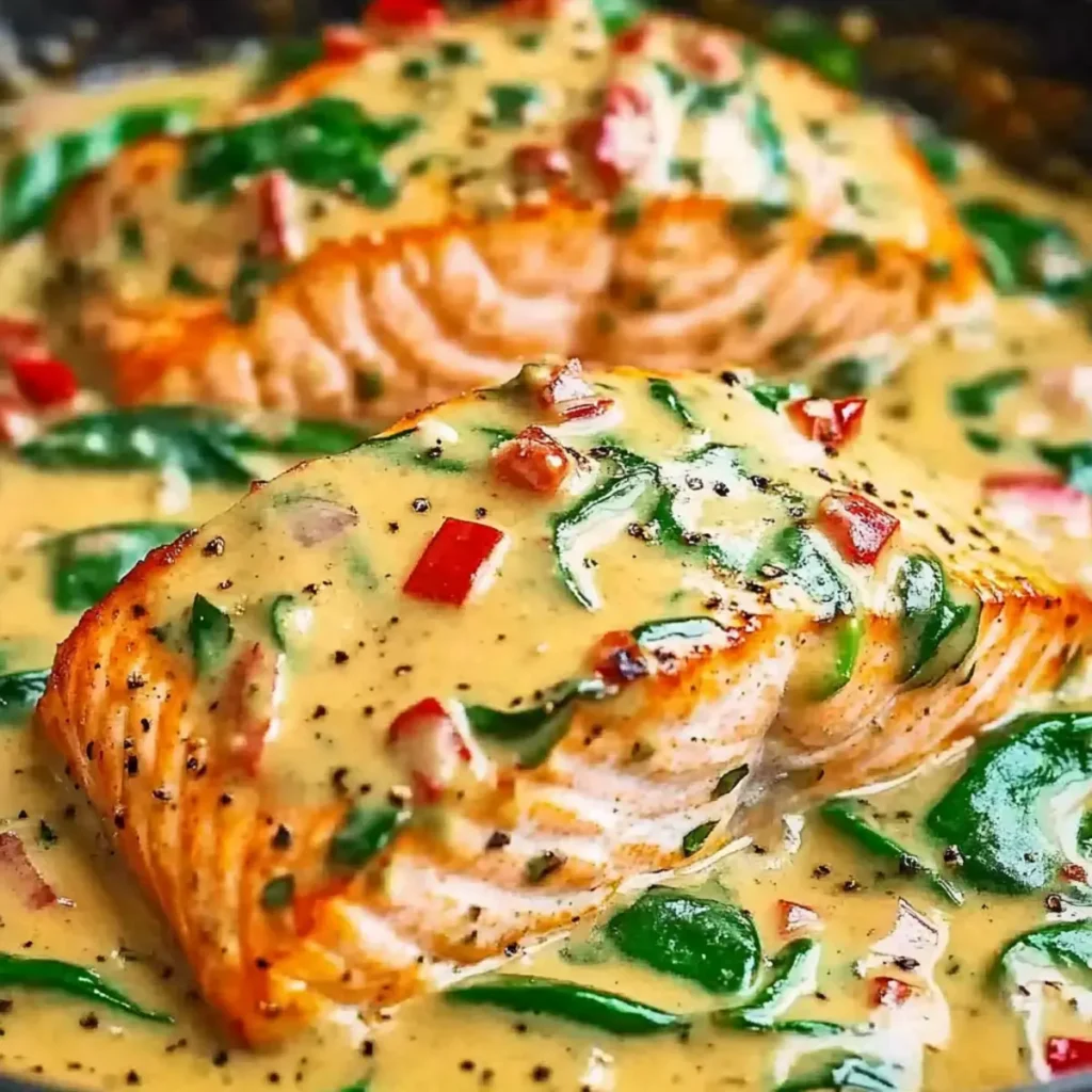 Delicious Salmon in Roasted Pepper Sauce with Spinach and Parmesan