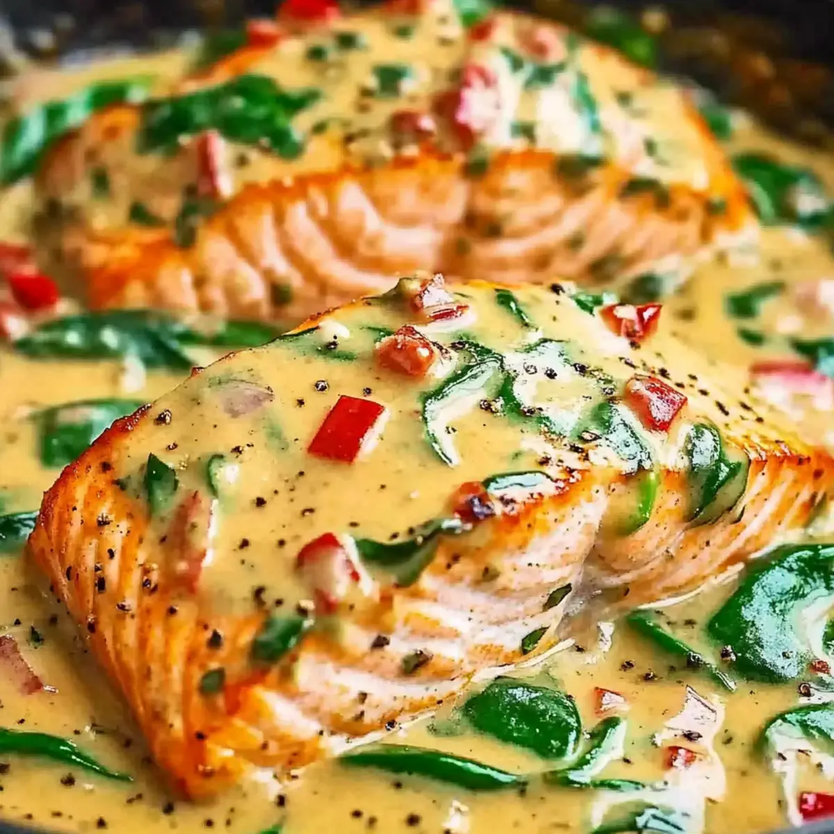 Delicious Salmon in Roasted Pepper Sauce with Spinach and Parmesan