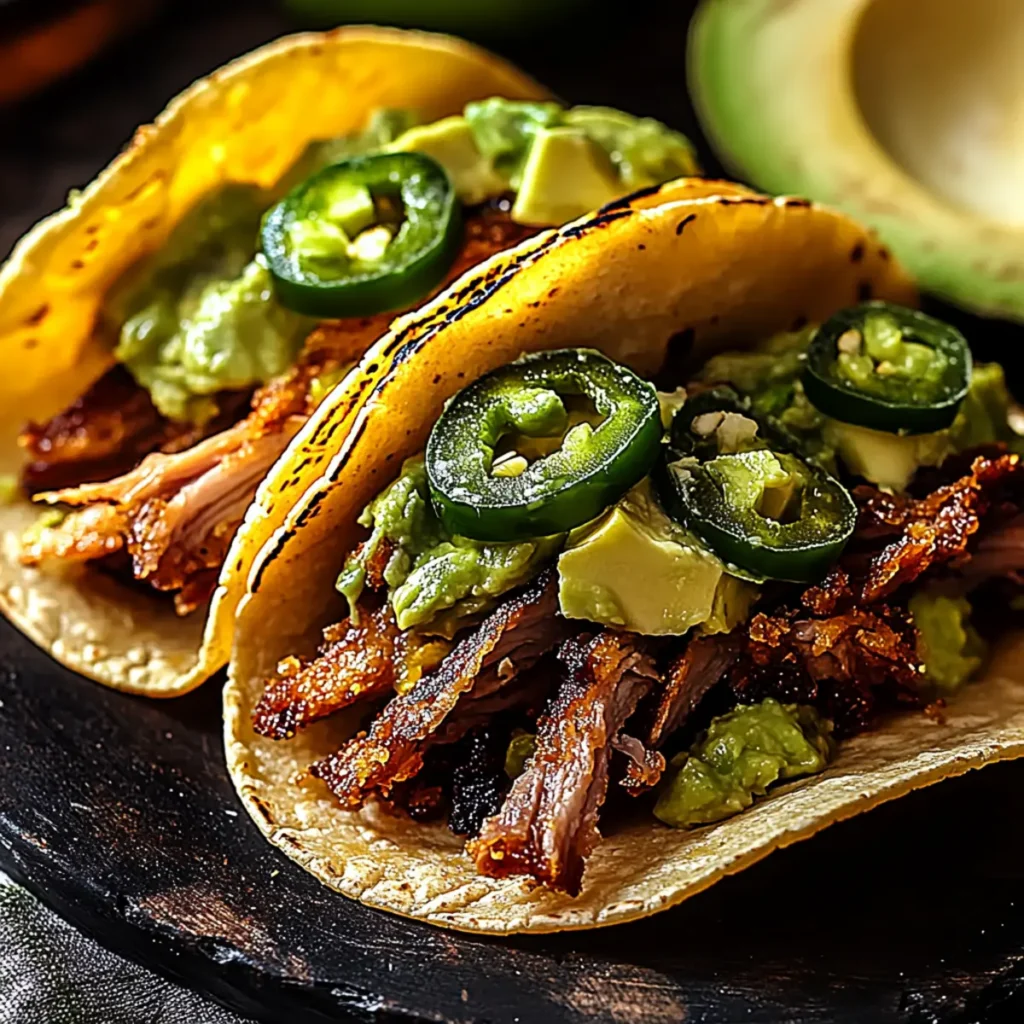 Crispy Carnitas Tacos with Roasted Jalapeño Lime Avocado