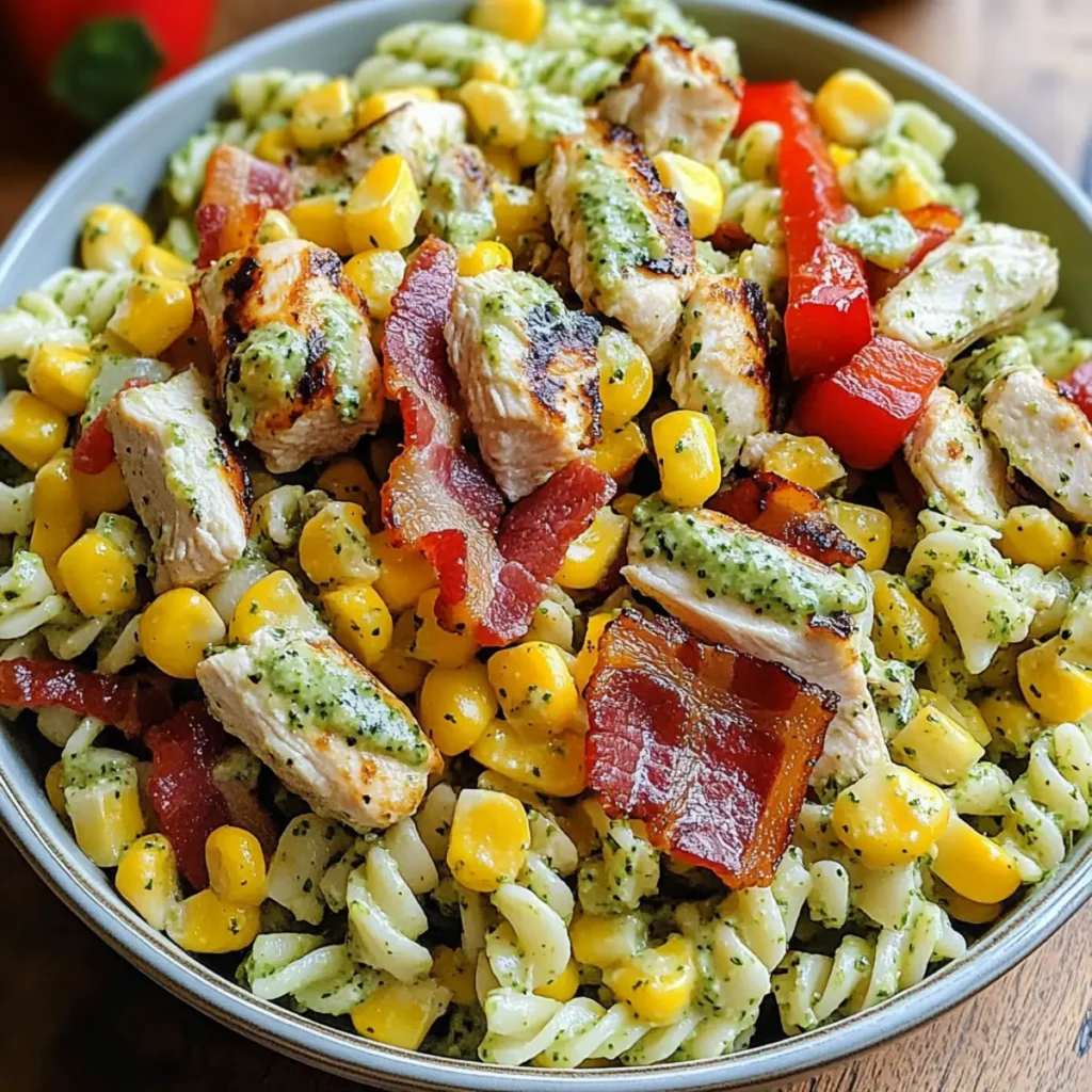 SUMMER SALAD - Chicken and Corn Pasta Salad with Bacon, Bell Peppers, and Creamy Pesto Dressing