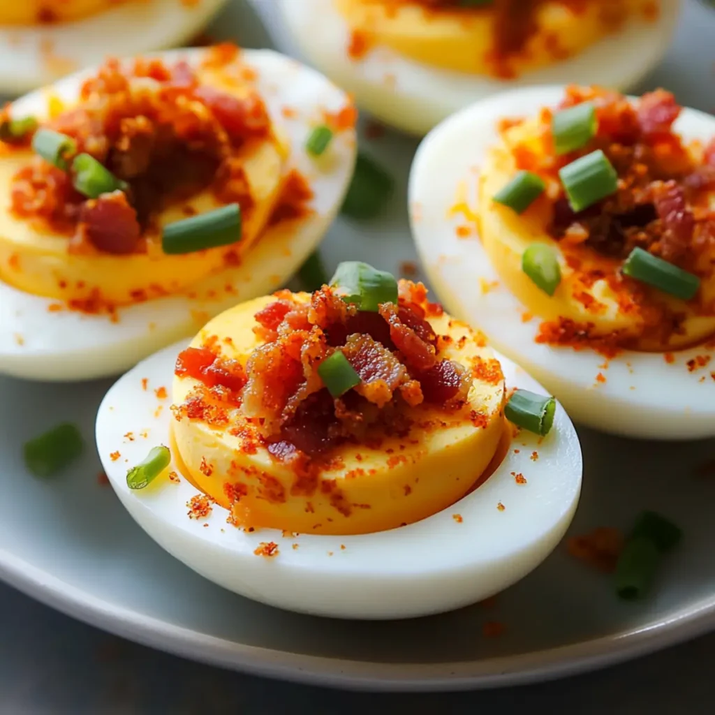 Spicy Deviled Eggs with Sriracha Bacon