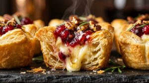 Ultra close-up macro of flaky golden baked cranberry pecan brie bites with bubbling gooey cheese and fresh rosemary