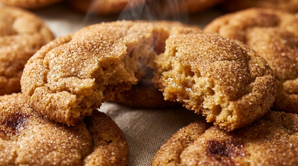 Ultra close-up macro of soft chewy brown butter cinnamon snickerdoodles with crackled cinnamon sugar tops