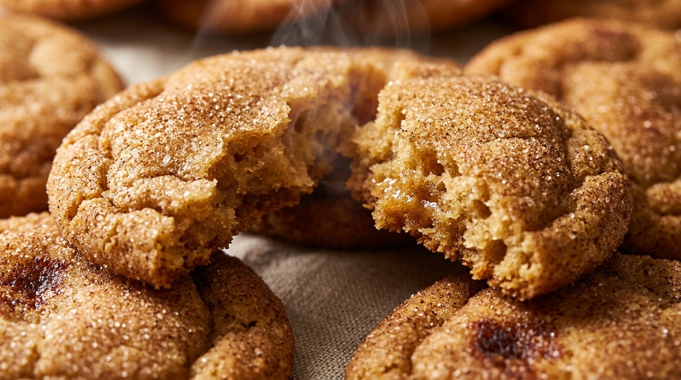 Ultra close-up macro of soft chewy brown butter cinnamon snickerdoodles with crackled cinnamon sugar tops