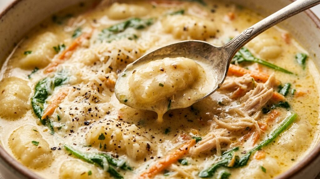 Ultra close-up macro of creamy chicken and gnocchi soup with pillowy potato gnocchi, shredded chicken, spinach, and parmesan