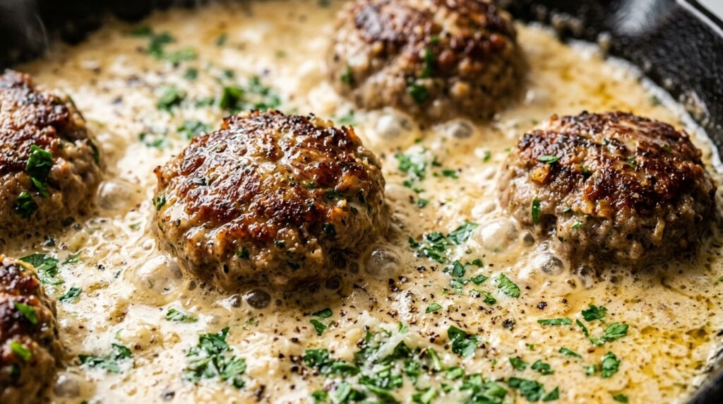 Ultra close-up macro of juicy seared beef meatballs simmering in garlic parmesan cream sauce