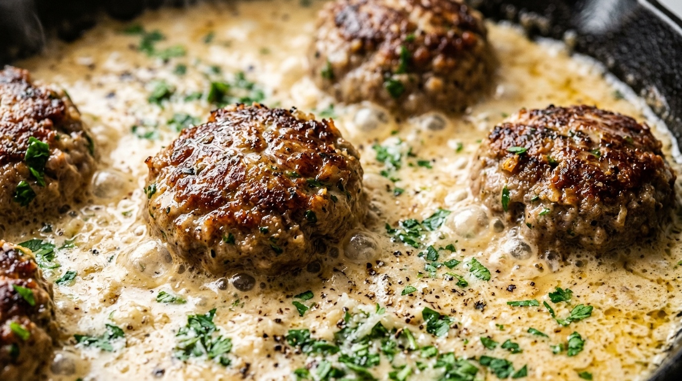 Ultra close-up macro of juicy seared beef meatballs simmering in garlic parmesan cream sauce