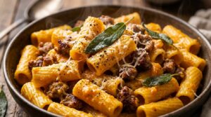 Ultra close-up macro of creamy spiced pumpkin rigatoni pasta with savory browned beef sausage and crispy sage
