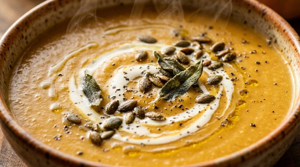 Ultra close-up macro of velvety creamy roasted garlic butternut squash soup with herb croutons