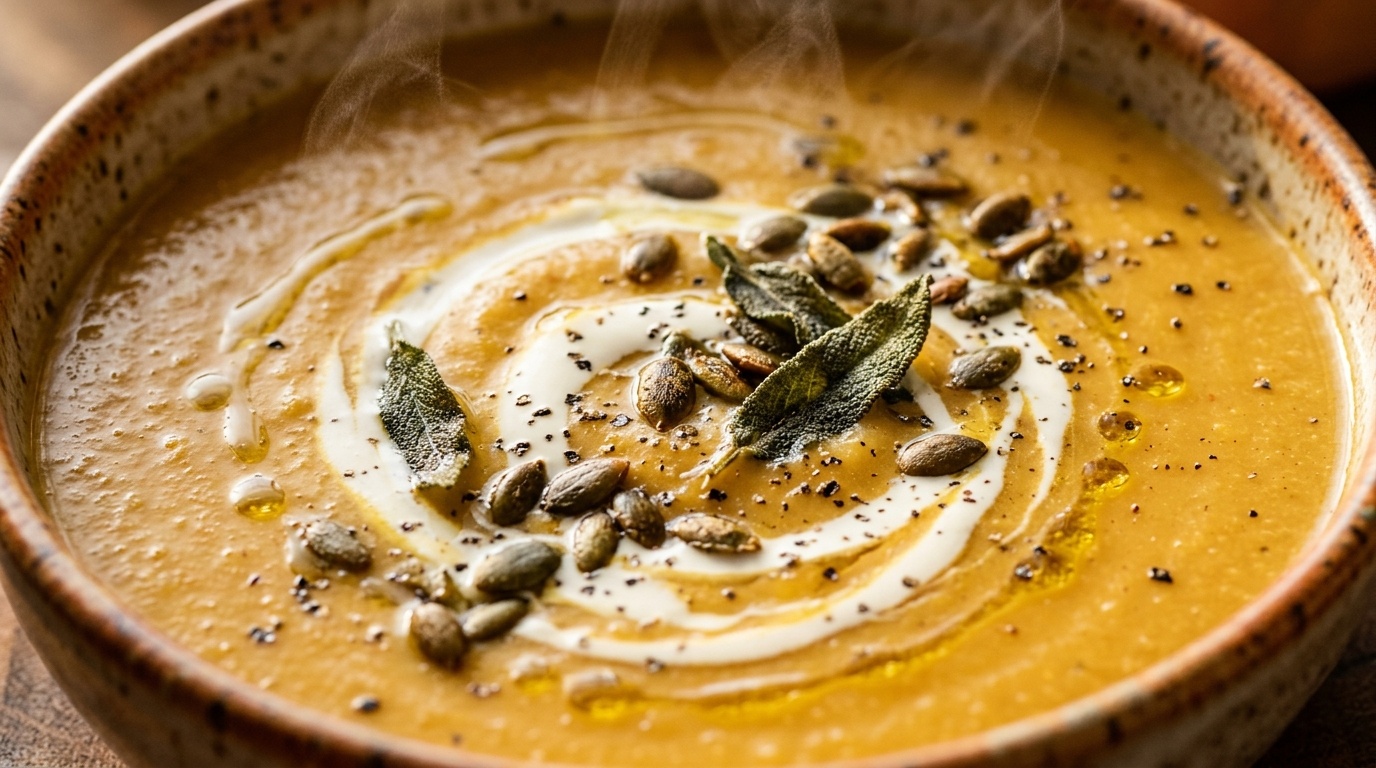 Ultra close-up macro of velvety creamy roasted garlic butternut squash soup with herb croutons