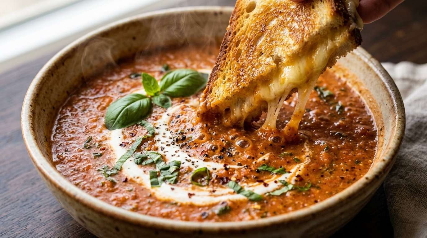 Ultra close-up macro of creamy roasted tomato basil soup in ceramic bowl with grilled cheese dipper and cream swirl