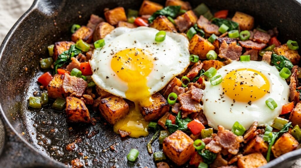 Ultra close-up macro of crispy sweet potato and turkey bacon breakfast hash in a cast iron skillet with runny sunny-side-up eggs