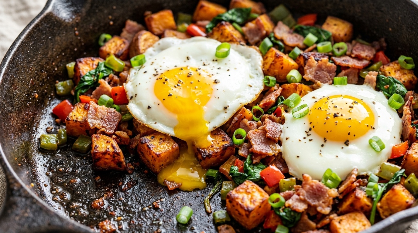 Ultra close-up macro of crispy sweet potato and turkey bacon breakfast hash in a cast iron skillet with runny sunny-side-up eggs