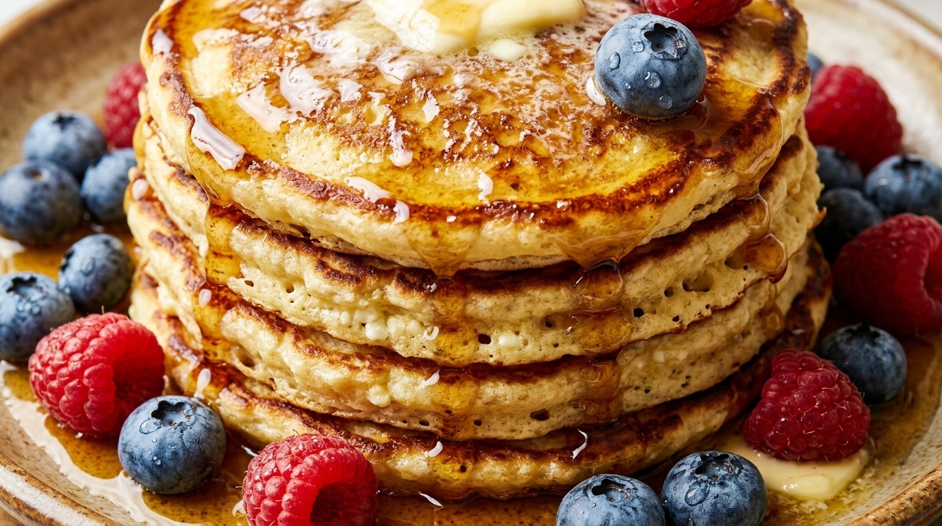 Ultra close-up macro of a tall stack of fluffy golden cottage cheese pancakes with melting butter and dripping maple syrup