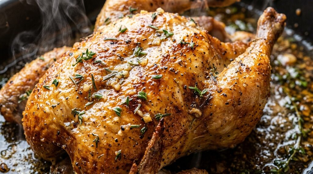 Ultra close-up macro of golden crispy skin garlic herb butter roasted whole chicken with fresh thyme