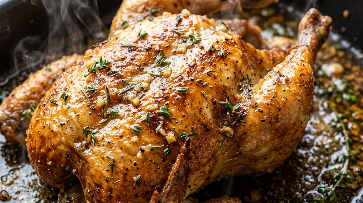 Ultra close-up macro of golden crispy skin garlic herb butter roasted whole chicken with fresh thyme