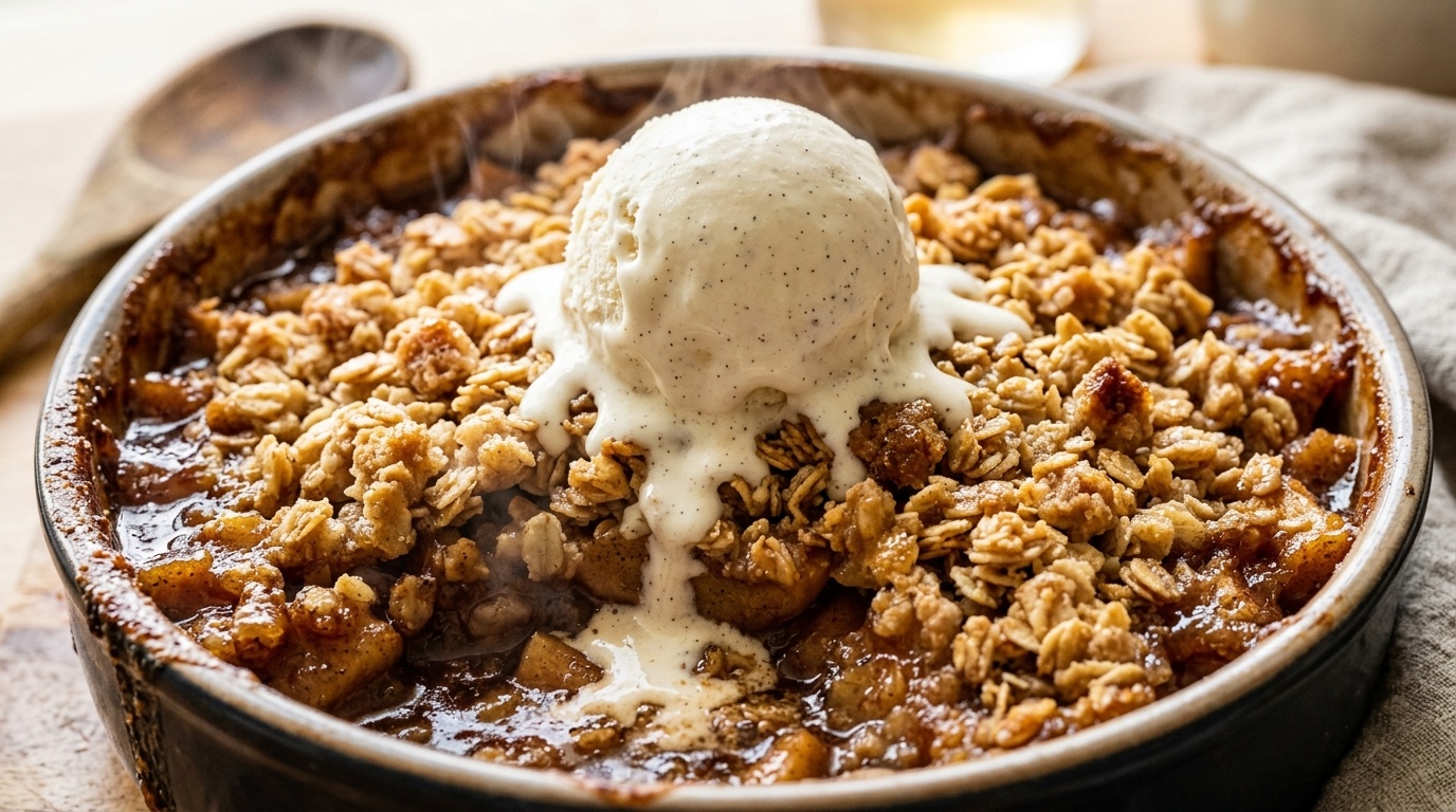 Ultra close-up macro of warm bubbling old-fashioned apple crisp with golden oat streusel and melting vanilla ice cream