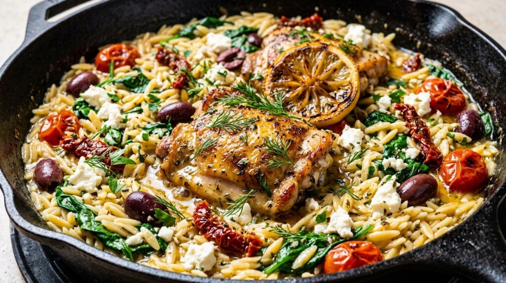 Ultra close-up macro of one-pot Mediterranean lemon chicken and orzo in a cast iron skillet with spinach, feta, and kalamata olives