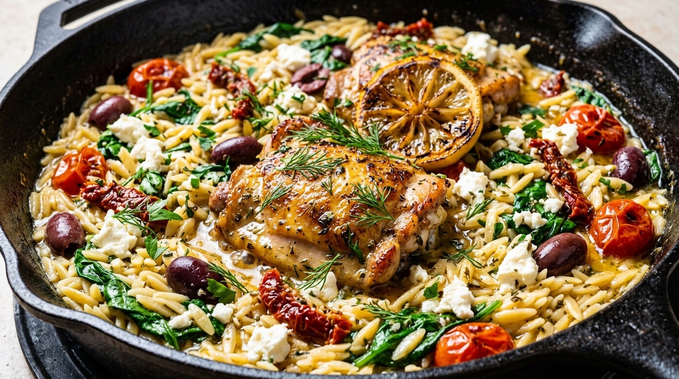 Ultra close-up macro of one-pot Mediterranean lemon chicken and orzo in a cast iron skillet with spinach, feta, and kalamata olives