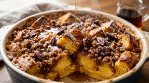 Ultra close-up macro of baked golden brioche French toast casserole with cinnamon pecan streusel and maple syrup drizzle
