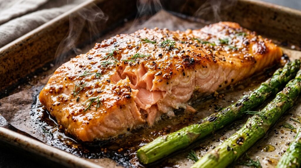 Ultra close-up macro of flaky caramelized honey mustard glazed salmon fillet with fresh dill and roasted asparagus
