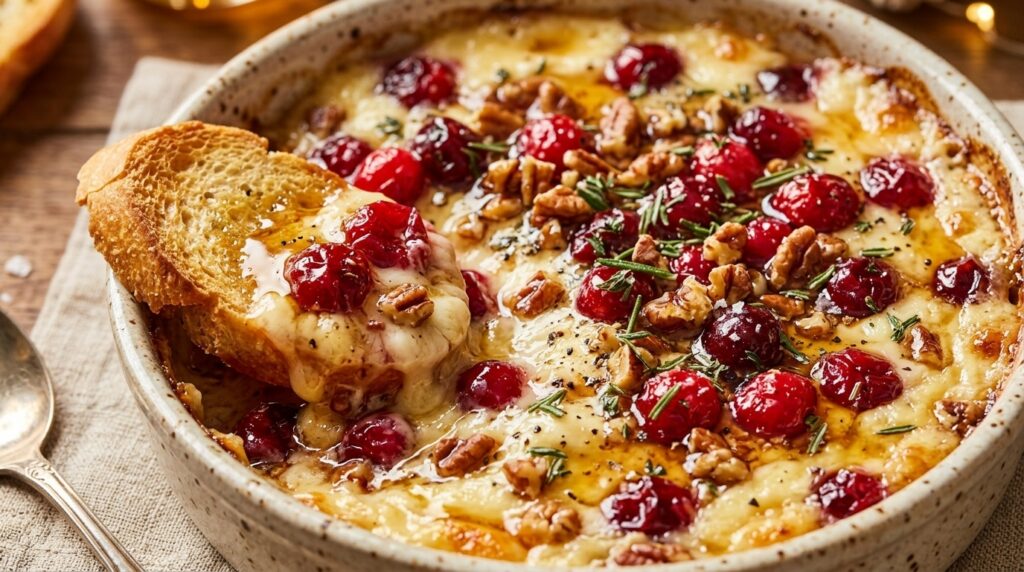 Ultra close-up macro of warm baked honey cranberry and pecan goat cheese dip with bubbling molten cheese and toasted baguette crostini