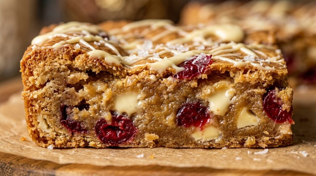 Ultra close-up macro of chewy white chocolate cranberry blondies with glossy crinkled crust, melted white chocolate pools, and ruby cranberries