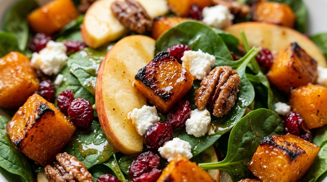 Ultra close-up macro food photography of roasted butternut squash and apple salad with caramelized squash cubes, goat cheese, candied pecans, and maple cider dressing