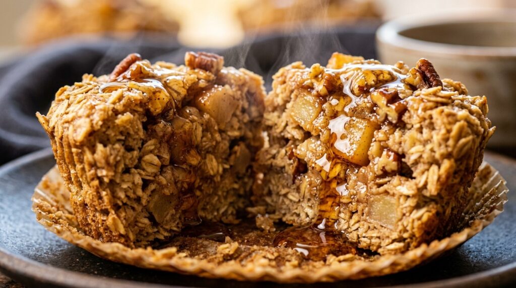 Ultra close-up macro of warm cinnamon apple baked oatmeal cups split open with caramelized Honeycrisp apples and cascading maple syrup