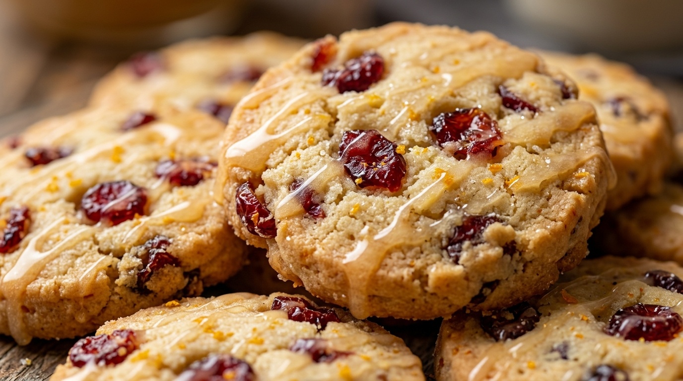 Ultra close-up macro food photography of melt-in-your-mouth cranberry orange shortbread cookies with sweet citrus glaze
