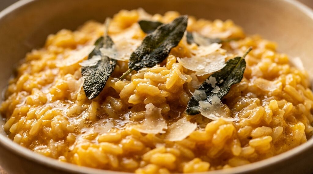Ultra close-up macro of creamy roasted butternut squash risotto glistening with brown butter, crispy fried sage leaves, and shaved parmesan cheese