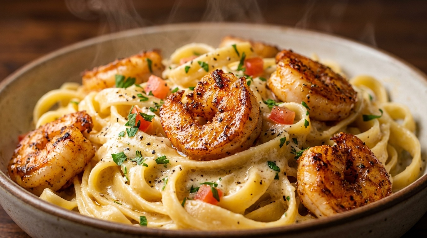 Ultra close-up macro of creamy Cajun garlic butter shrimp pasta with seared jumbo shrimp and fettuccine ribbons