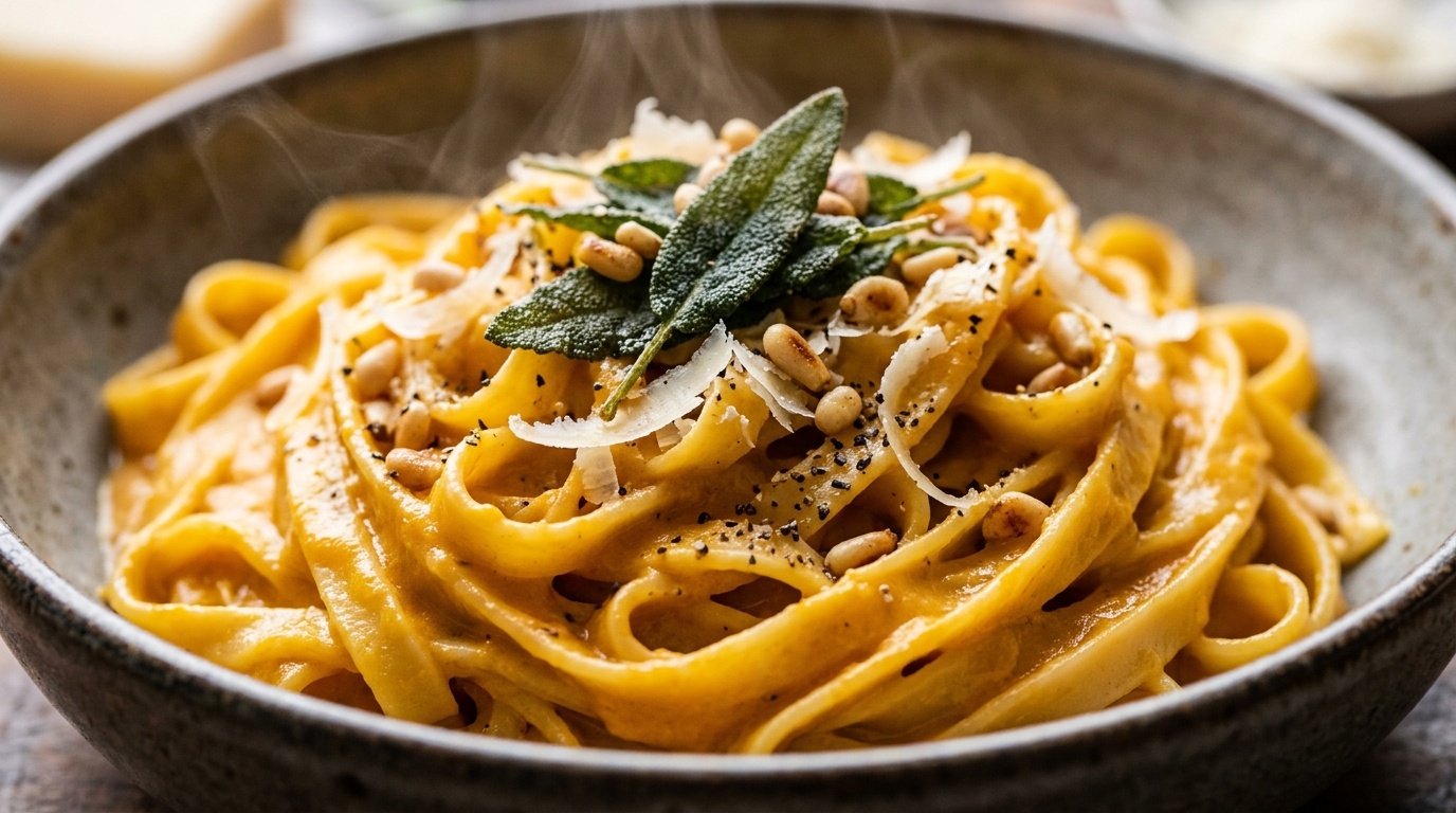 Ultra close-up macro food photography of creamy spiced pumpkin and sage fettuccine with glossy sauce, crispy fried sage, and parmesan