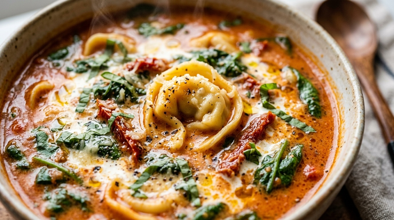 Ultra close-up macro food photography of creamy spinach and sun-dried tomato tortellini soup bubbling with melted parmesan and fresh basil