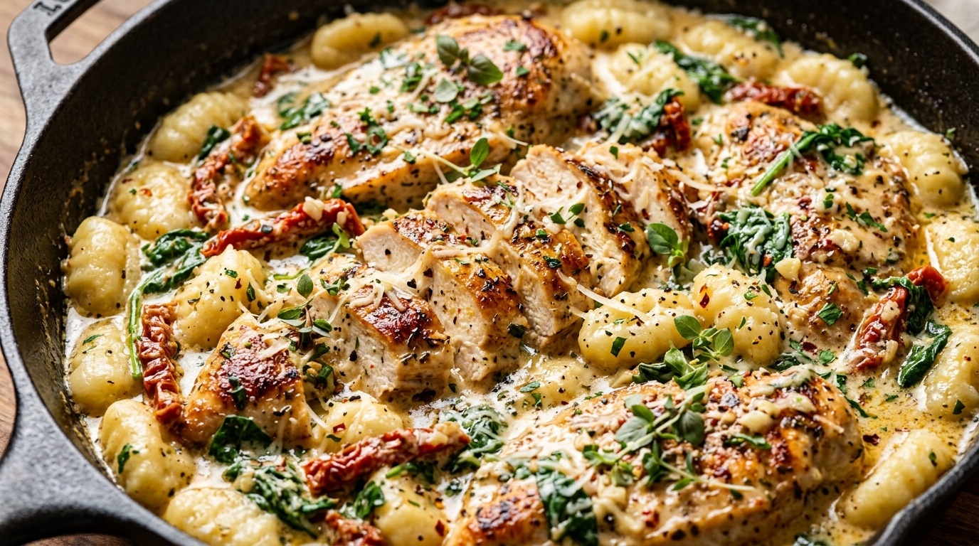 Ultra close-up macro food photography of creamy Tuscan garlic chicken and gnocchi in cast iron skillet with sun-dried tomatoes and spinach