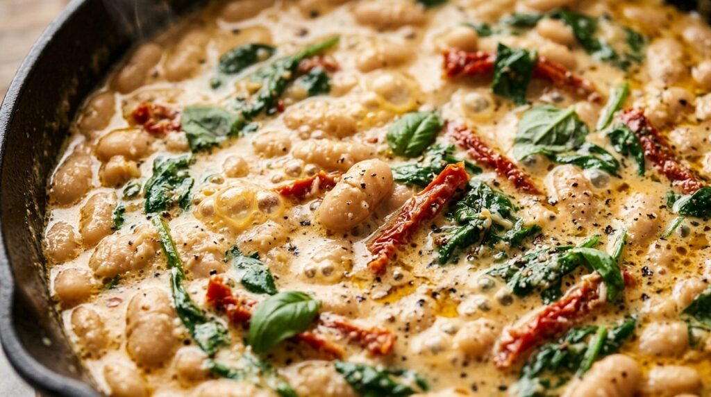 Ultra close-up macro of bubbling creamy Tuscan white bean skillet with sun-dried tomatoes, wilted baby spinach, and parmesan