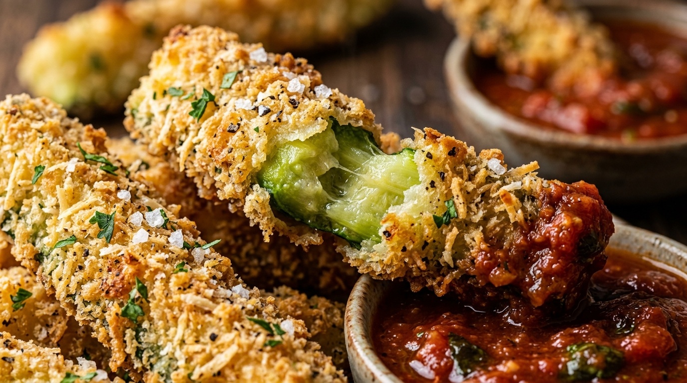 Ultra close-up macro food photography of crispy golden air fryer parmesan zucchini fries dipped in rich red marinara sauce