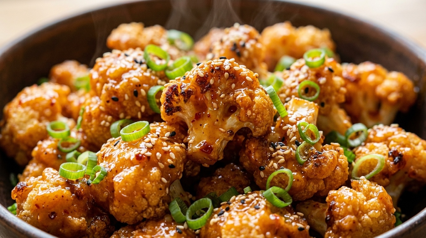 Ultra close-up macro food photography of crispy bang bang cauliflower glistening with sweet and spicy sauce