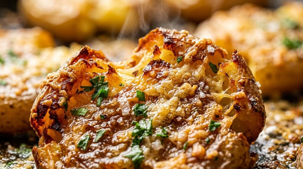 Ultra close-up macro of crispy garlic parmesan smashed baby potatoes with melted herb butter, sizzling edges, and coarse sea salt