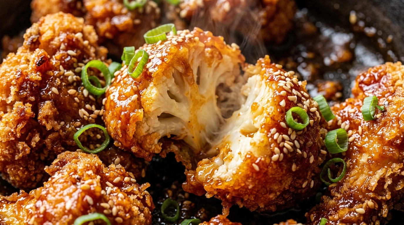 Ultra close-up macro of crispy honey buffalo cauliflower wings coated in sticky tangy buffalo glaze with sesame seeds and fresh scallions