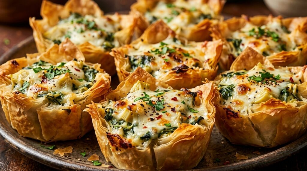 Macro close-up of crispy golden baked spinach artichoke dip phyllo cups with bubbling browned cheese topping and fresh parsley