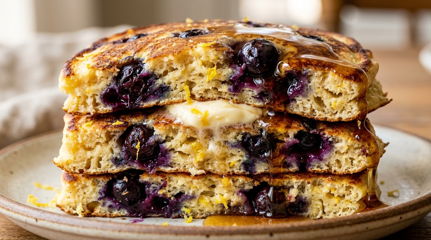 Ultra close-up macro food photography of fluffy lemon ricotta blueberry pancakes with maple syrup and melting butter