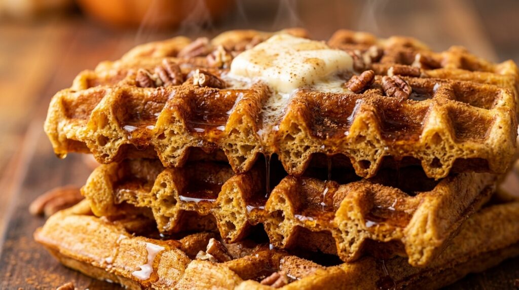 Macro close-up of a stack of golden crisp Belgian pumpkin spice waffles with melted butter, warm maple syrup pools, and toasted chopped pecans