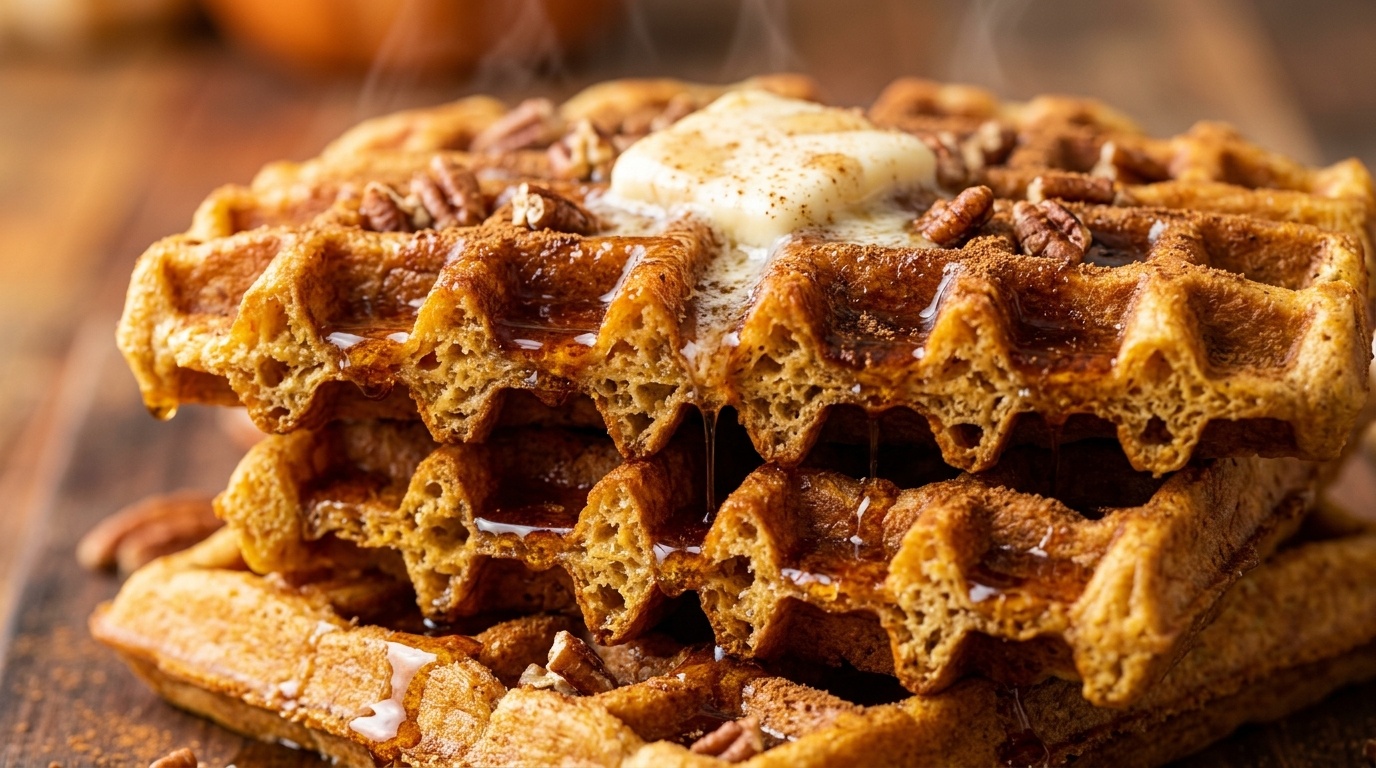 Macro close-up of a stack of golden crisp Belgian pumpkin spice waffles with melted butter, warm maple syrup pools, and toasted chopped pecans