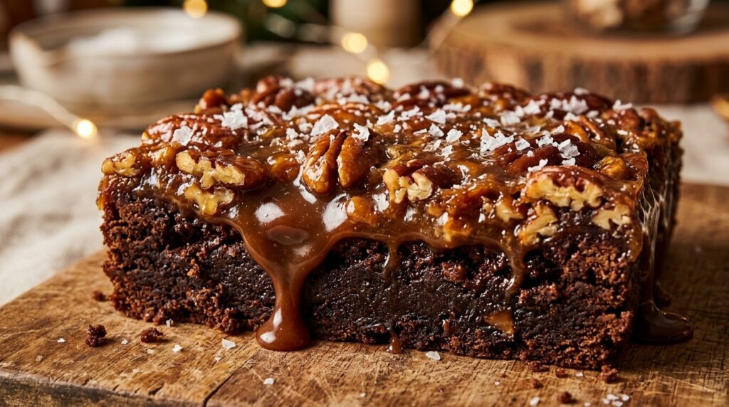 Ultra close-up macro of sliced fudgy pecan pie brownie bar with thick dark chocolate fudge layer and glossy caramelized pecan pie topping dripping down the side with sea salt flakes