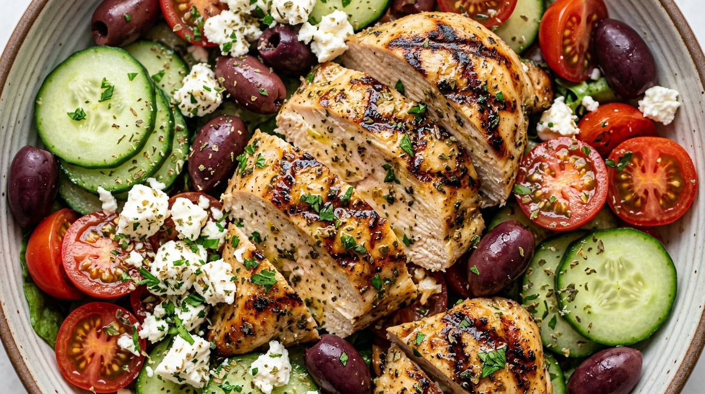 Ultra close-up macro food photography of Greek lemon herb grilled chicken salad with golden charred chicken, cucumbers, olives, and feta