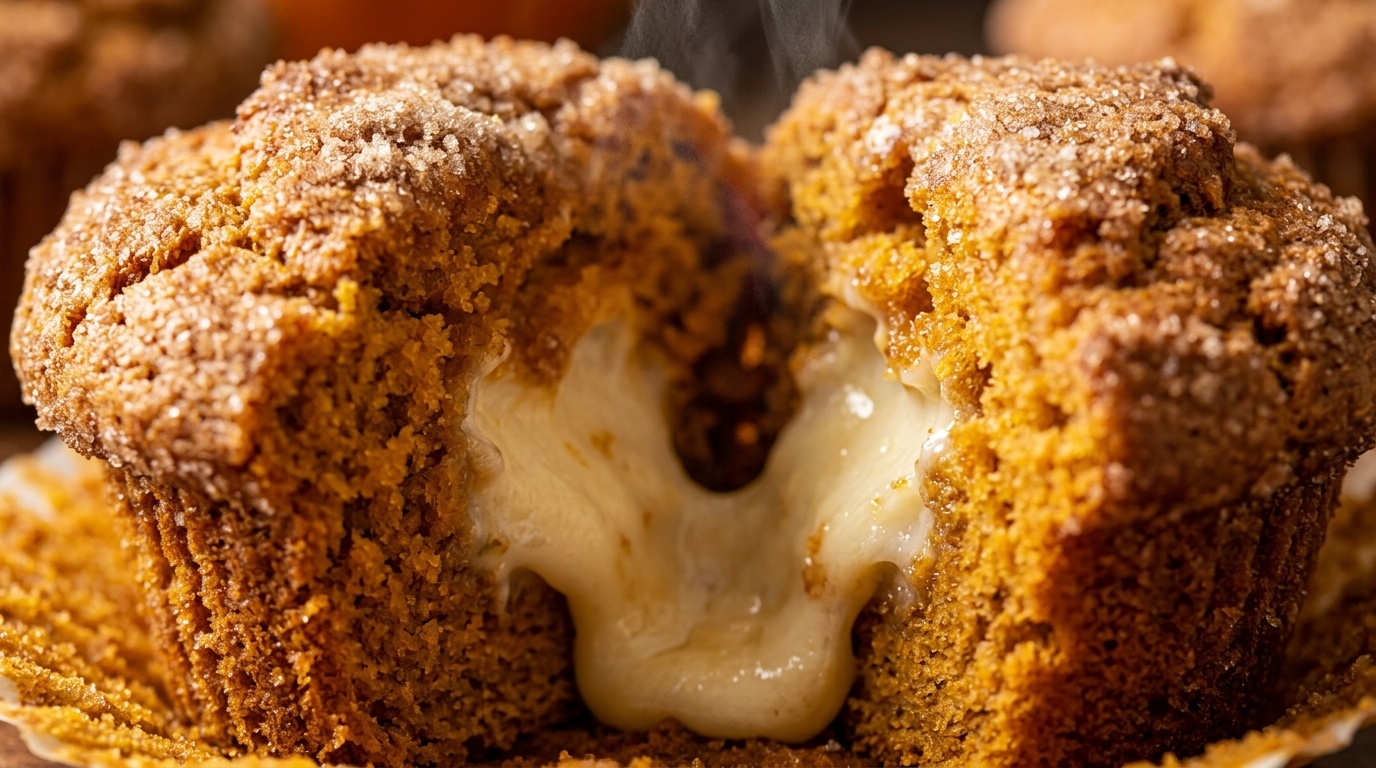 Ultra close-up macro of warm cinnamon sugar pumpkin cream cheese swirl muffin split open revealing molten cheesecake core