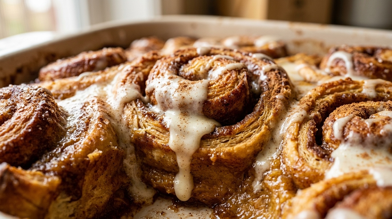 Ultra close-up macro food photography of pumpkin spice cinnamon roll breakfast casserole bubbling in baking dish with melting cream cheese glaze