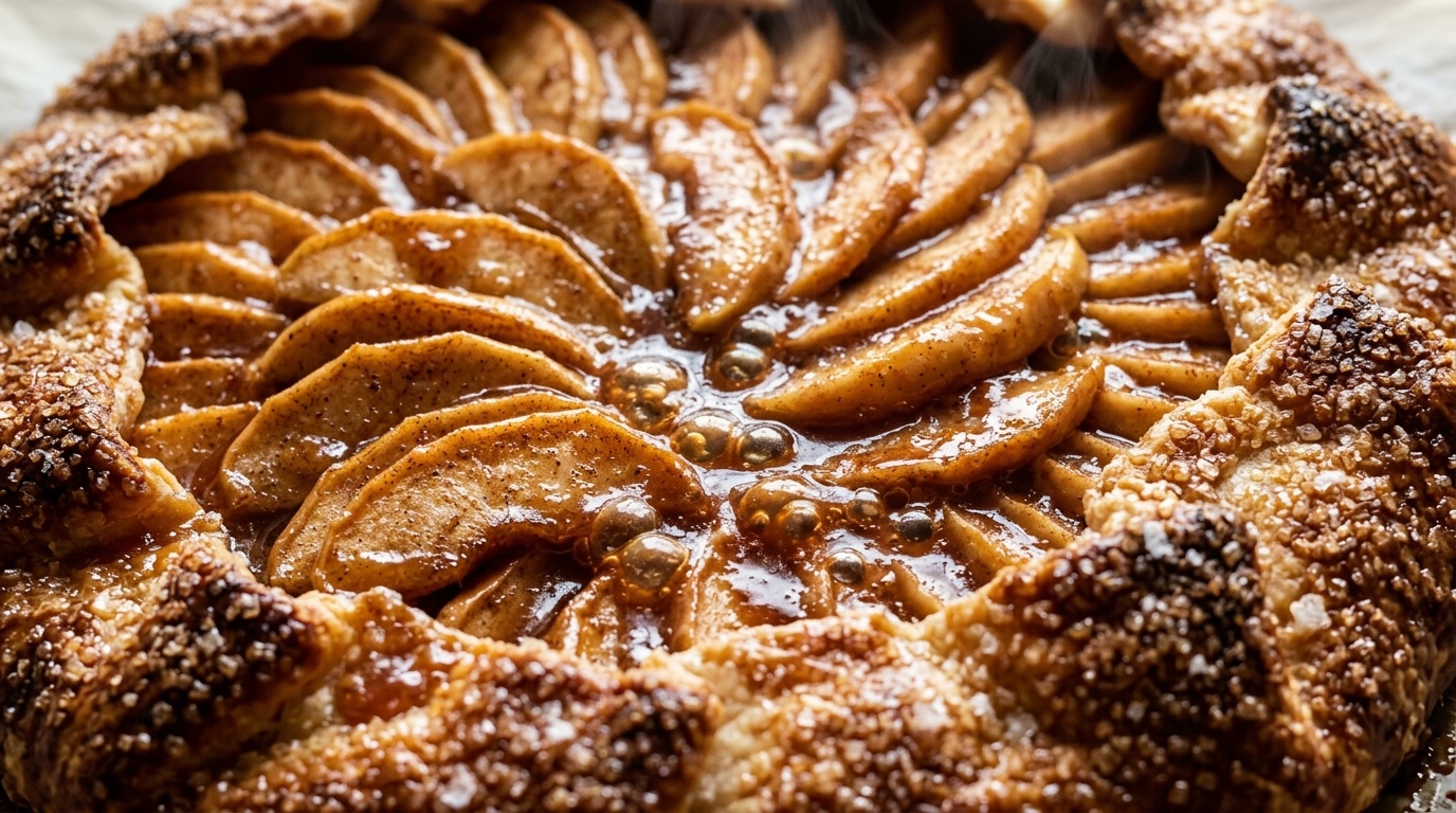 Ultra close-up macro food photography of rustic salted caramel apple galette with bubbling amber caramel and golden flaky crust