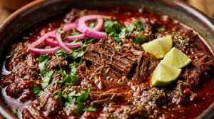 Ultra close-up macro of tender shredded beef barbacoa in rich smoky chipotle adobo sauce with fresh cilantro, pickled red onions, and lime wedges